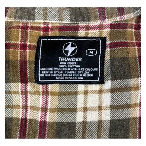 NEW Thunder Olive Green & Red Plaid Button Down Flannel Long Sleeve Shirt Medium - Picture 4 of 5